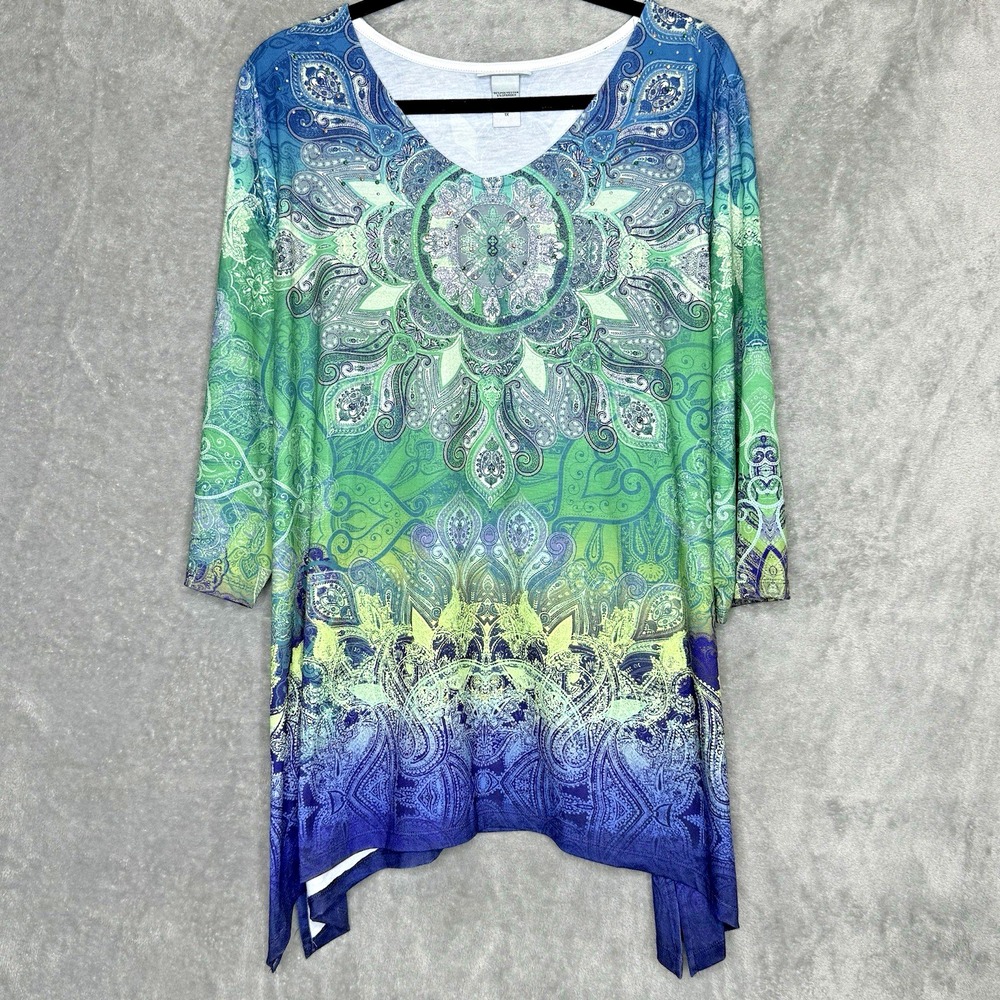 Catherines 1X Shirt Top Green Paisley 3/4 Sleeve V Neck Stretch Tunic Knit